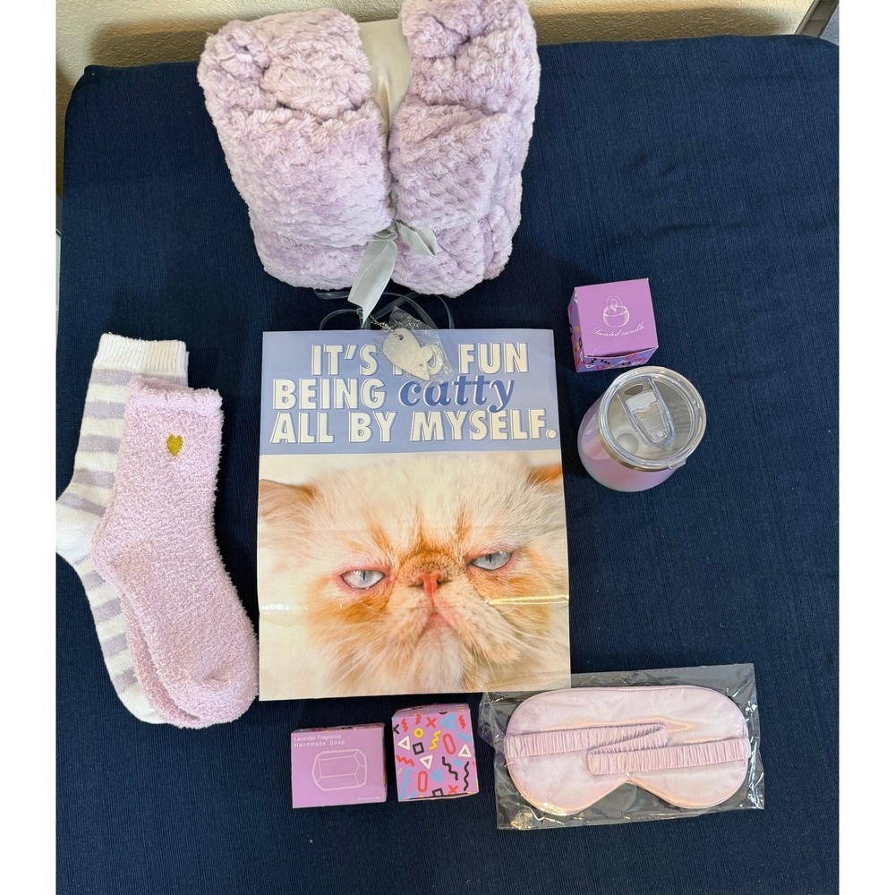 Self Care Gift Set Purple Lavender Blanket Sock Tumbler Candle Spa Kit Cozy Core